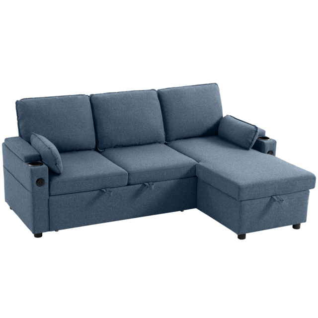 HOMCOM Corner Sofa Bed, L Shaped Sleeper Sectional Sofa with Reversible Storage Chaise, Blue - image 1