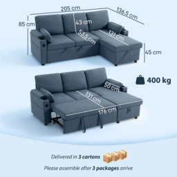 HOMCOM Corner Sofa Bed, L Shaped Sleeper Sectional Sofa with Reversible Storage Chaise, Blue - thumbnail 3