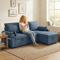 HOMCOM Corner Sofa Bed, L Shaped Sleeper Sectional Sofa with Reversible Storage Chaise, Blue - thumbnail 2