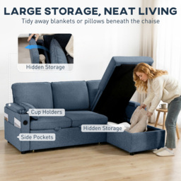 HOMCOM Corner Sofa Bed, L Shaped Sleeper Sectional Sofa with Reversible Storage Chaise, Blue - thumbnail 7