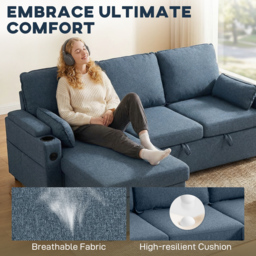 HOMCOM Corner Sofa Bed, L Shaped Sleeper Sectional Sofa with Reversible Storage Chaise, Blue - thumbnail 4