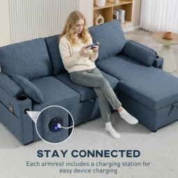 HOMCOM Corner Sofa Bed, L Shaped Sleeper Sectional Sofa with Reversible Storage Chaise, Blue - thumbnail 8
