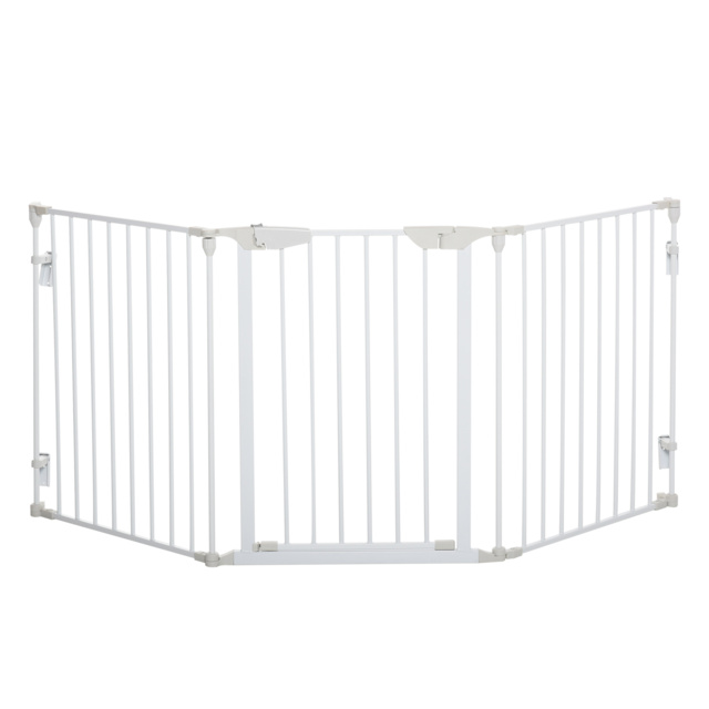 PawHut Pet Safety Gate 3-Panel Playpen Fireplace Christmas Tree Metal Fence Stair Barrier Room Divider w/Walk Through Door, White - Aosom UK - image 1