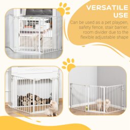 PawHut Pet Safety Gate 3-Panel Playpen Fireplace Christmas Tree Metal Fence Stair Barrier Room Divider w/Walk Through Door, White - Aosom UK - thumbnail 4