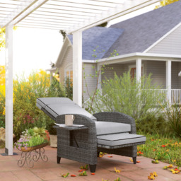 Outsunny Outdoor Recliner Chair with Adjustable Backrest and Footrest, Cushion, Side Tray, Light Grey - thumbnail 8