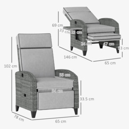 Outsunny Outdoor Recliner Chair with Adjustable Backrest and Footrest, Cushion, Side Tray, Light Grey - thumbnail 3