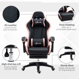 Vinsetto Computer Gaming Chair, PU Leather Desk Chair with Footrest, Swivel Task Chair with 135° Reclining Back and Lumbar Support, PC Chair for Adults, Black and Pink - thumbnail 7