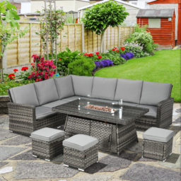 Outsunny 9-Seater PE Rattan Garden Furniture Set, 50,000 BTU Gas Fire Pit Table, Double Corner Sofa, 3 Footstools, Grey - thumbnail 2