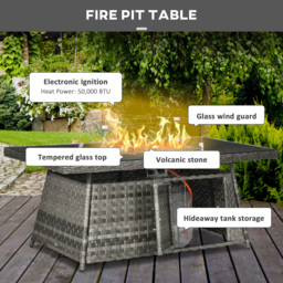 Outsunny 9-Seater PE Rattan Garden Furniture Set, 50,000 BTU Gas Fire Pit Table, Double Corner Sofa, 3 Footstools, Grey - thumbnail 6