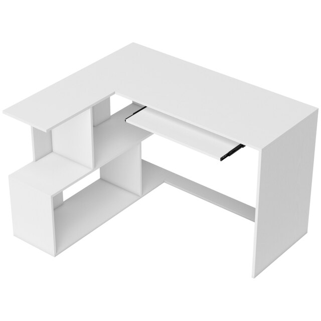 HOMCOM L-Shaped Corner Desk, Computer Desk with Keyboard Tray and Open Shelves, White Wood Effect - image 1