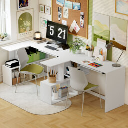 HOMCOM L-Shaped Corner Desk, Computer Desk with Keyboard Tray and Open Shelves, White Wood Effect - thumbnail 7