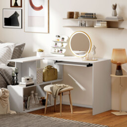 HOMCOM L-Shaped Corner Desk, Computer Desk with Keyboard Tray and Open Shelves, White Wood Effect - thumbnail 8