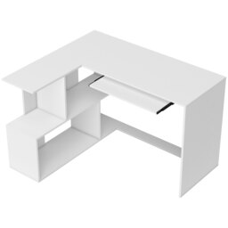 HOMCOM L-Shaped Corner Desk, Computer Desk with Keyboard Tray and Open Shelves, White Wood Effect - thumbnail 1