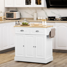 HOMCOM Kitchen Island with Storage Rolling Kitchen Serving Cart with Rubber Wood Top Towel Rack Storage Drawer Cabinet White - thumbnail 2