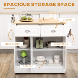 HOMCOM Kitchen Island with Storage Rolling Kitchen Serving Cart with Rubber Wood Top Towel Rack Storage Drawer Cabinet White - thumbnail 4