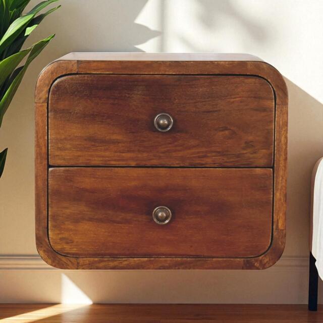 Solid Mango Wood Floating Mini Bedside with 2 Smooth-Gliding Drawers, Handcrafted Desk with Stain-based Finish, 25L x 30W x 25H cm, Brown - Aosom UK - image 1