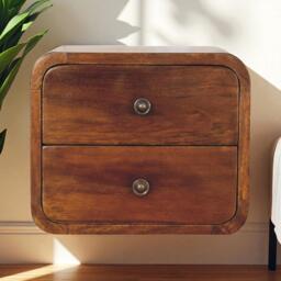 Solid Mango Wood Floating Mini Bedside with 2 Smooth-Gliding Drawers, Handcrafted Desk with Stain-based Finish, 25L x 30W x 25H cm, Brown - Aosom UK - thumbnail 1