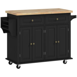 HOMCOM Rolling Kitchen Island with Rubber Wood Top, Drawers and Storage Shelves, Black - Aosom UK - thumbnail 1