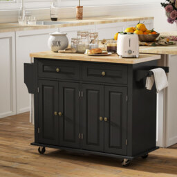 HOMCOM Rolling Kitchen Island with Rubber Wood Top, Drawers and Storage Shelves, Black - Aosom UK - thumbnail 2