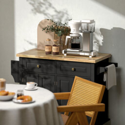 HOMCOM Rolling Kitchen Island with Rubber Wood Top, Drawers and Storage Shelves, Black - Aosom UK - thumbnail 9