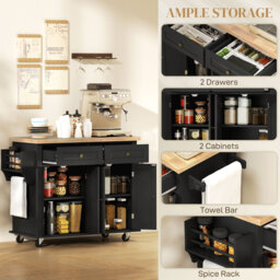 HOMCOM Rolling Kitchen Island with Rubber Wood Top, Drawers and Storage Shelves, Black - Aosom UK - thumbnail 6