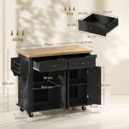 HOMCOM Rolling Kitchen Island with Rubber Wood Top, Drawers and Storage Shelves, Black - Aosom UK - thumbnail 3