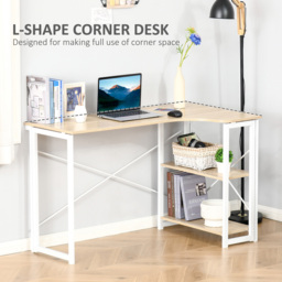 HOMCOM Folding L-Shaped Computer Desk, Oak Tone Corner Home Office Study Workstation with 2 Shelves - Aosom UK - thumbnail 5