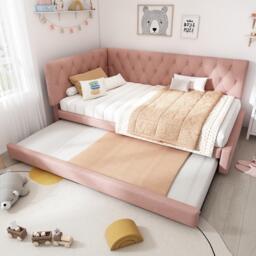 Upholstered Daybed with Pull-Out Trundle and Slatted Base, Velvet Single Sofa Bed for Adults and Kids, 202L x 105W x 83H cm, Pink - Aosom UK