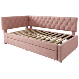 Upholstered Daybed with Pull-Out Trundle and Slatted Base, Velvet Single Sofa Bed for Adults and Kids, 202L x 105W x 83H cm, Pink - Aosom UK - thumbnail 2