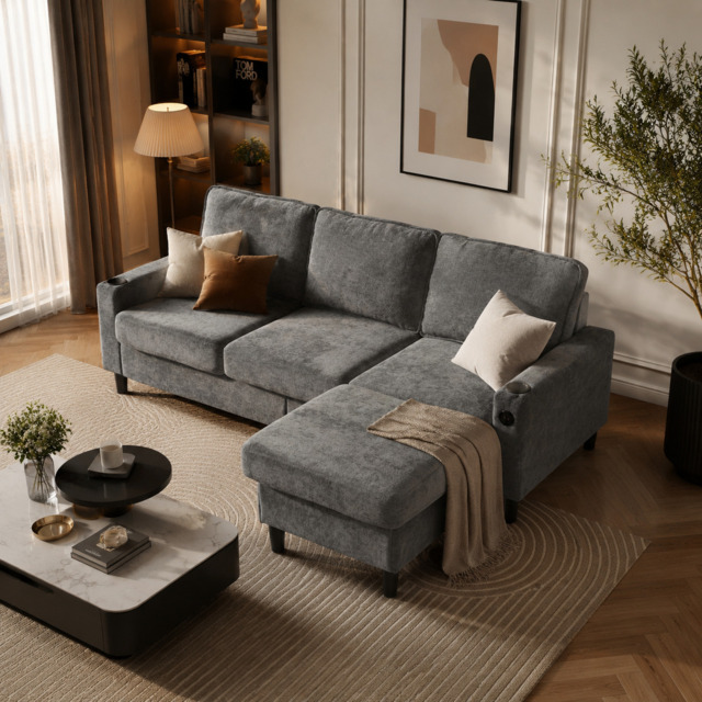 L-Shaped Corner Sofa with USB Charging Ports, Cup Holders, Ergonomic 3-Seater Sectional Couch for Apartment, 202L x 137W x 80H cm, Grey - Aosom.UK - image 1