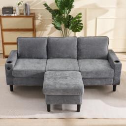 L-Shaped Corner Sofa with USB Charging Ports, Cup Holders, Ergonomic 3-Seater Sectional Couch for Apartment, 202L x 137W x 80H cm, Grey - Aosom.UK - thumbnail 4
