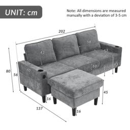 L-Shaped Corner Sofa with USB Charging Ports, Cup Holders, Ergonomic 3-Seater Sectional Couch for Apartment, 202L x 137W x 80H cm, Grey - Aosom.UK - thumbnail 3