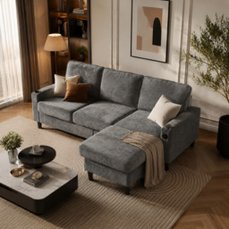 L-Shaped Corner Sofa with USB Charging Ports, Cup Holders, Ergonomic 3-Seater Sectional Couch for Apartment, 202L x 137W x 80H cm, Grey - Aosom.UK - thumbnail 1