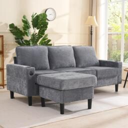 L-Shaped Corner Sofa with USB Charging Ports, Cup Holders, Ergonomic 3-Seater Sectional Couch for Apartment, 202L x 137W x 80H cm, Grey - Aosom.UK - thumbnail 6