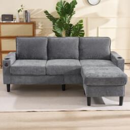 L-Shaped Corner Sofa with USB Charging Ports, Cup Holders, Ergonomic 3-Seater Sectional Couch for Apartment, 202L x 137W x 80H cm, Grey - Aosom.UK - thumbnail 5