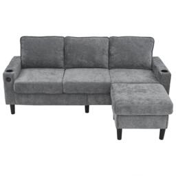 L-Shaped Corner Sofa with USB Charging Ports, Cup Holders, Ergonomic 3-Seater Sectional Couch for Apartment, 202L x 137W x 80H cm, Grey - Aosom.UK - thumbnail 2