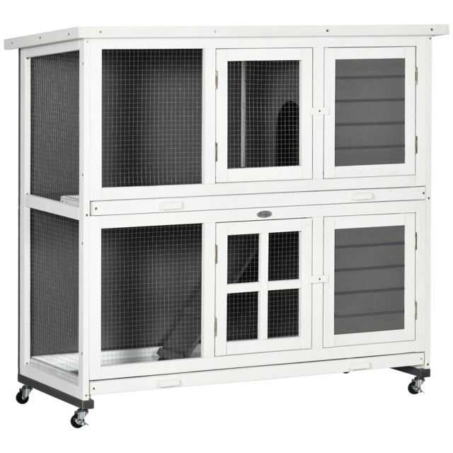 PawHut Wooden Rabbit Hutch with Wheels, Guinea Pig Cage, Small Animal House for Outdoor & Indoor with Slide-out Trays, 119 x 50.5 x 109cm, Grey - image 1