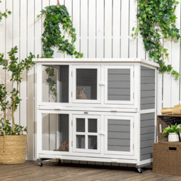 PawHut Wooden Rabbit Hutch with Wheels, Guinea Pig Cage, Small Animal House for Outdoor & Indoor with Slide-out Trays, 119 x 50.5 x 109cm, Grey - thumbnail 2