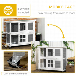 PawHut Wooden Rabbit Hutch with Wheels, Guinea Pig Cage, Small Animal House for Outdoor & Indoor with Slide-out Trays, 119 x 50.5 x 109cm, Grey - thumbnail 7