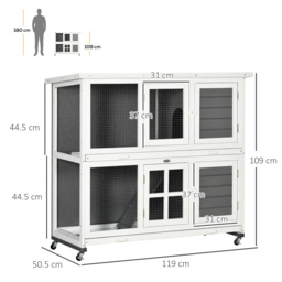 PawHut Wooden Rabbit Hutch with Wheels, Guinea Pig Cage, Small Animal House for Outdoor & Indoor with Slide-out Trays, 119 x 50.5 x 109cm, Grey - thumbnail 3