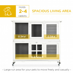 PawHut Wooden Rabbit Hutch with Wheels, Guinea Pig Cage, Small Animal House for Outdoor & Indoor with Slide-out Trays, 119 x 50.5 x 109cm, Grey - thumbnail 4