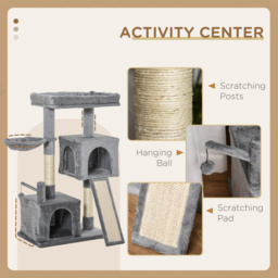 PawHut Cat tree Tower 111cm Climbing Kitten Activity Centre with Sisal Scratching Post Pad Perch Hanging Ball Hammock Condo Toy Grey - Aosom UK - thumbnail 4