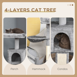 PawHut Cat tree Tower 111cm Climbing Kitten Activity Centre with Sisal Scratching Post Pad Perch Hanging Ball Hammock Condo Toy Grey - Aosom UK - thumbnail 5