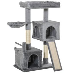 PawHut Cat tree Tower 111cm Climbing Kitten Activity Centre with Sisal Scratching Post Pad Perch Hanging Ball Hammock Condo Toy Grey - Aosom UK