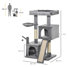 PawHut Cat tree Tower 111cm Climbing Kitten Activity Centre with Sisal Scratching Post Pad Perch Hanging Ball Hammock Condo Toy Grey - Aosom UK - thumbnail 3