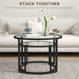 HOMCOM Round Coffee Table Nesting side Table Set of 2 Round Side Tables with Painted Steel Frame & Tempered Glass Surfaces, Black - Aosom UK - thumbnail 4