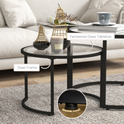 HOMCOM Round Coffee Table Nesting side Table Set of 2 Round Side Tables with Painted Steel Frame & Tempered Glass Surfaces, Black - Aosom UK - thumbnail 6