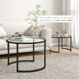 HOMCOM Round Coffee Table Nesting side Table Set of 2 Round Side Tables with Painted Steel Frame & Tempered Glass Surfaces, Black - Aosom UK - thumbnail 5
