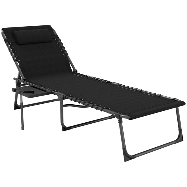 Outsunny Folding Sun Lounger with Side Table, 5-Level Adjustable Reclining Sun Lounger Chair, Portable Garden Recliner Sunbed with Side Pocket, Head Pillow for Patio, Beach, Black - image 1