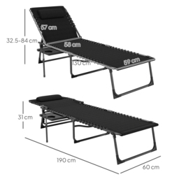 Outsunny Folding Sun Lounger with Side Table, 5-Level Adjustable Reclining Sun Lounger Chair, Portable Garden Recliner Sunbed with Side Pocket, Head Pillow for Patio, Beach, Black - thumbnail 3